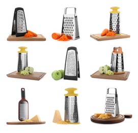 Set with stainless steel graters and fresh products on white background 