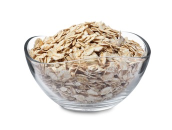 Raw oatmeal in glass bowl on white background
