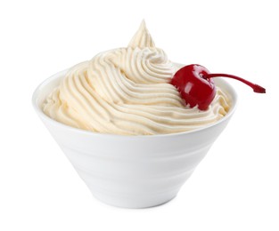 Delicious fresh whipped cream and cherry isolated on white