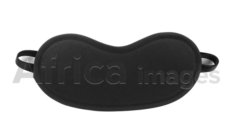 Black sleeping eye mask isolated on white, top view. Bedtime