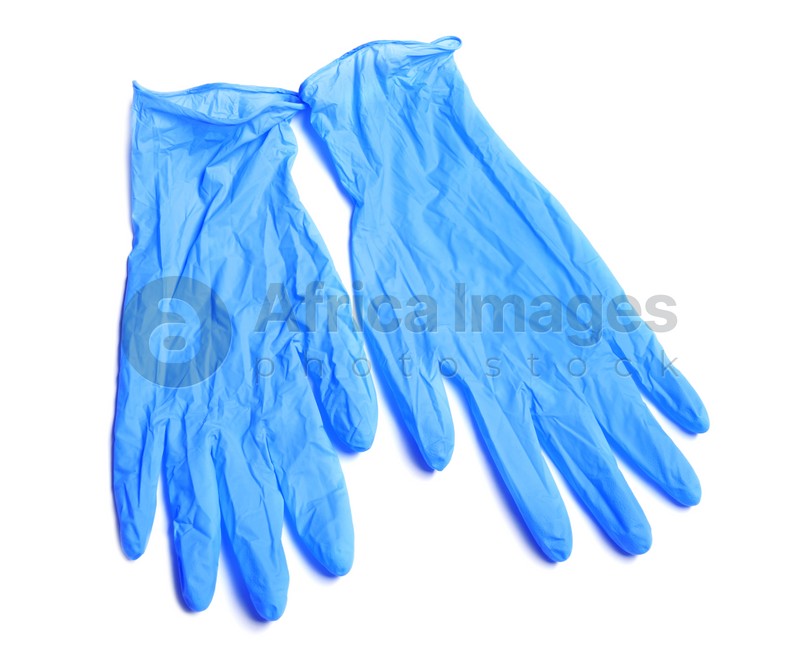 Medical gloves on white background, top view