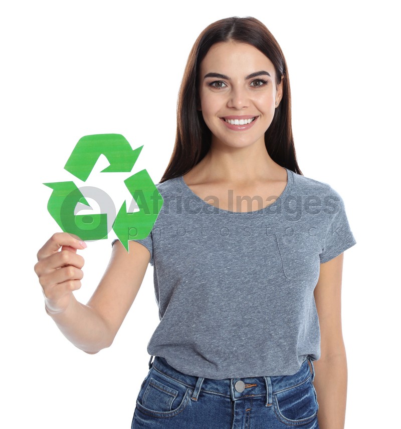 Young woman with recycling symbol on white background