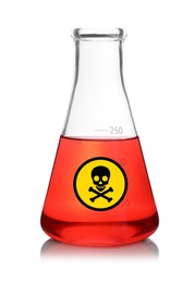 Glass bottle with red toxic sample and warning sign on white background