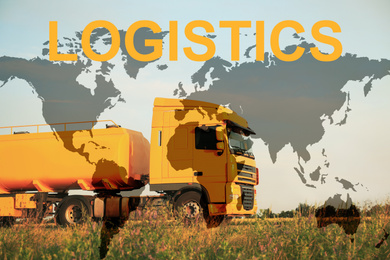 Logistics concept. Truck on country road and world map