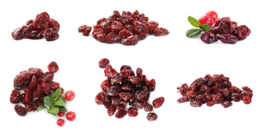 Collage with dried cranberries on white background, banner design