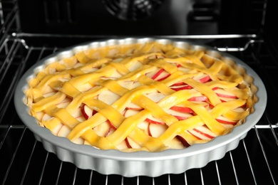 Traditional English apple pie on shelf of oven, closeup