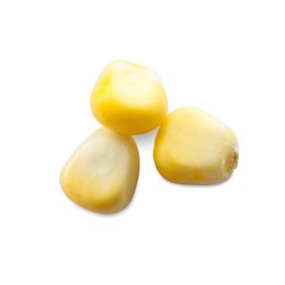 Tasty fresh corn kernels on white background, top view