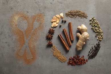 Photo of Different spices and silhouettes of cutlery on grey textured table, flat lay