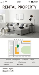 Property search agency application. Rental information: photo of living room, map with address point and details