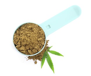 Photo of Scoop with hemp protein powder and green leaf on white background, top view