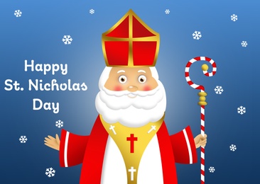 Saint Nicholas on blue background, illustration. Greeting card design