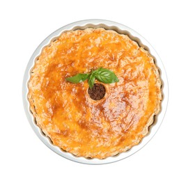 Delicious pie with minced meat on white background. top view