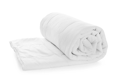 Photo of Rolled clean blanket isolated on white. Household textile