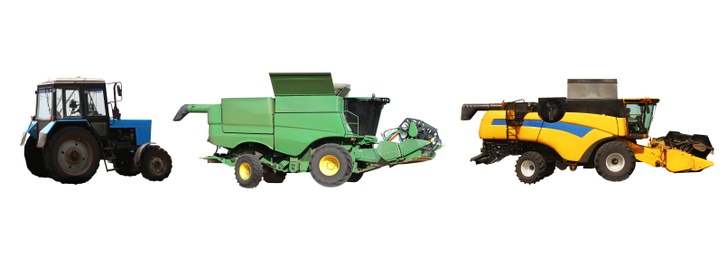 Set of different agricultural machinery on white background. Banner design 