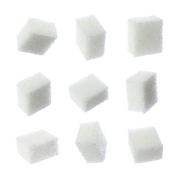 Set with cubes of sugar on white background
