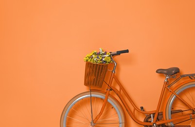 Retro bicycle with wicker basket on orange background