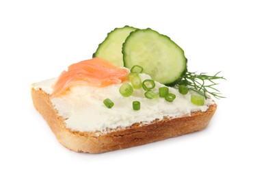 Delicious sandwich with cream cheese, salmon, cucumber and herbs isolated on white