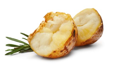 Tasty pieces of baked potato and rosemary on white background