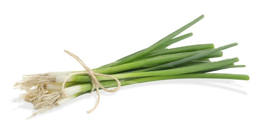 Photo of Tied bunch of fresh green spring onions on white background