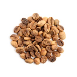 Heap of roasted coffee beans isolated on white, top view