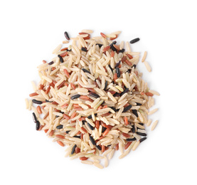 Different sorts of brown rice isolated on white, top view