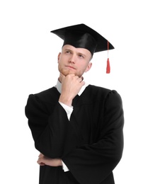 Thoughtful student wearing graduation hat on white background