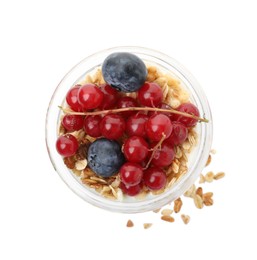 Delicious yogurt parfait with fresh berries on white background, top view