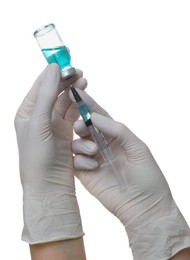 Doctor filling syringe with medicine from vial on white background, closeup