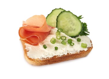 Photo of Delicious sandwich with cream cheese, jamon, cucumber and herbs isolated on white