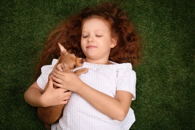 Cute little child with her Chihuahua dog on green grass, top view. Adorable pet