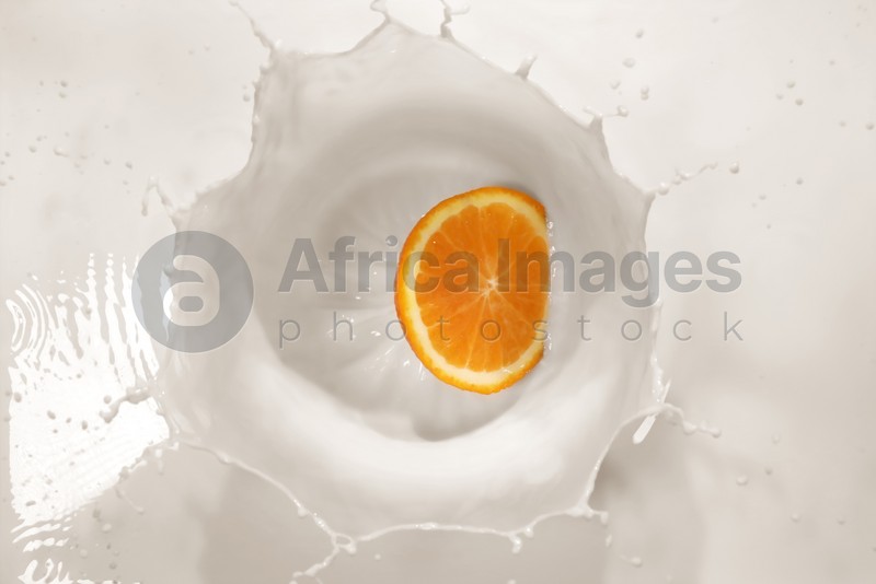 Slice of orange falling in milk with splash, top view
