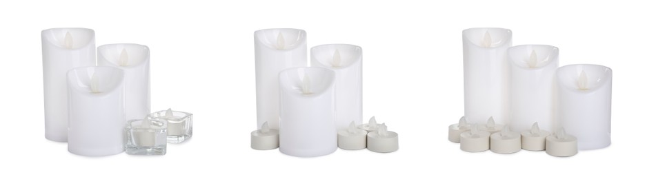 Set with decorative flameless LED candles on white background. Banner design
