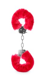 Red furry handcuffs on white background. Accessory for sexual roleplay