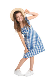 Photo of Full length portrait of preteen girl with hat on white background