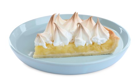 Piece of delicious lemon meringue pie with plate isolated on white