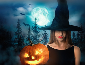 Woman in witch hat with spooky pumpkin head jack lantern and misty forest under full moon on Halloween