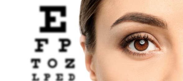 Closeup view of woman and blurred eye chart on background, banner design. Visiting ophthalmologist 