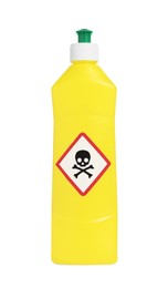 Photo of Bottle of toxic household chemical with warning sign isolated on white