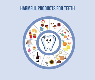 Unhealthy tooth surrounded by harmful products on light blue background, illustration. Dental problem