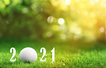 Image of Invitation card design with ball for 2021 golf events. Space for text