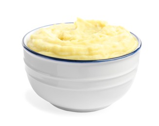 Bowl of tasty mashed potatoes isolated on white