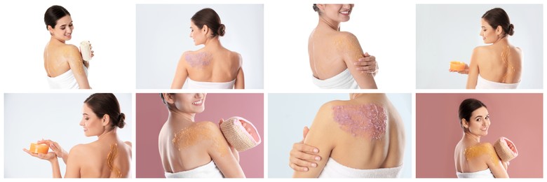 Collage with photos of young women applying body scrubs on different color backgrounds. Banner design