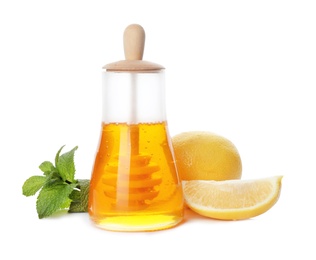 Jar of honey, mint and lemons on white background. Cough remedies