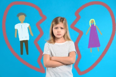 LIttle girl upset because of parents divorce on light blue background. Illustration of broken heart with man and woman