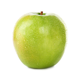 Fresh juicy green apple with water drops isolated on white
