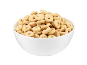 Bowl of sweet crispy corn rings on white background. Breakfast cereal