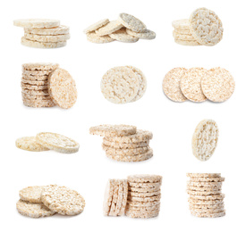 Set of puffed corn cakes on white background
