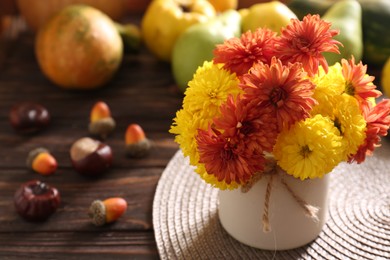 Beautiful colorful chrysanthemum flowers, chestnuts and acorns on wooden table, space for text. Autumn still life