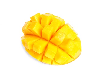 Cut fresh juicy mango on white background, above view