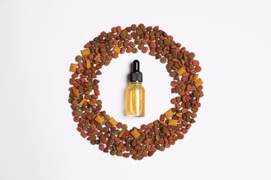 Tincture in frame of dry pet food on white background, top view